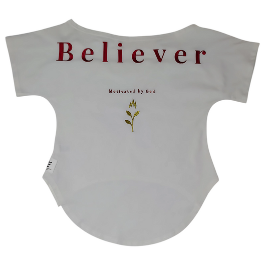 Back of White Believer shirt with red lettering and gold faith emblem on the back.