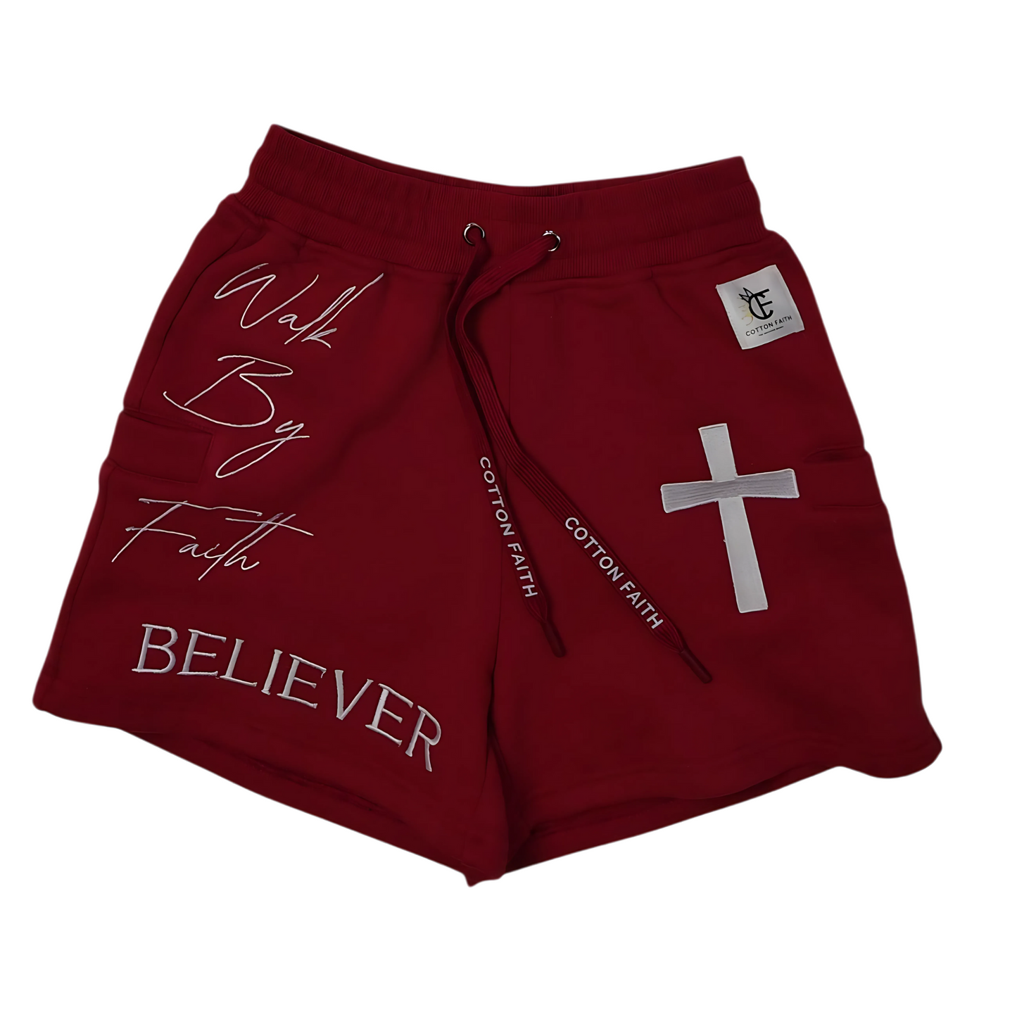 Maroon Believer shorts with embroidered Walk By Faith script and cross