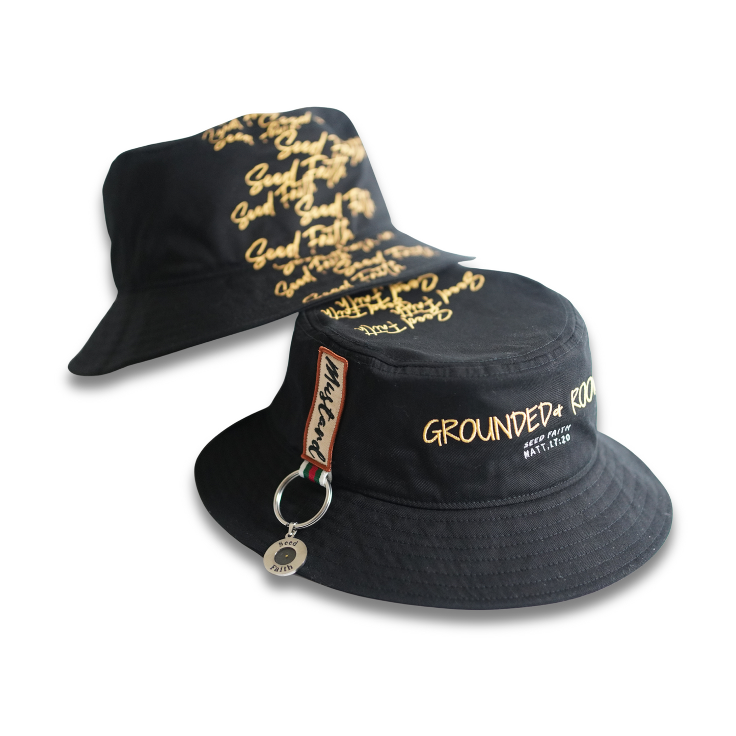 Front and back view of the Cotton Faith “Grounded & Rooted” bucket hat featuring embroidered scripture (Matt. 17:20), Seed Faith charm, and Mustard label design in gold on black fabric.
