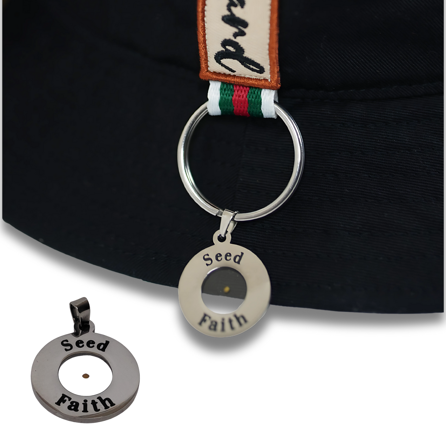 Close-up of the “Mustard” label and Seed Faith charm on the Cotton Faith Grounded & Rooted bucket hat, symbolizing Matthew 17:20.