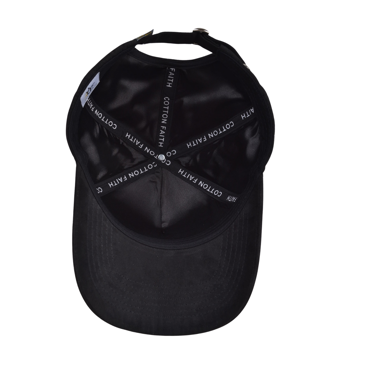 Interior view of black hat showing Cotton Faith" branded taping across satin lining.