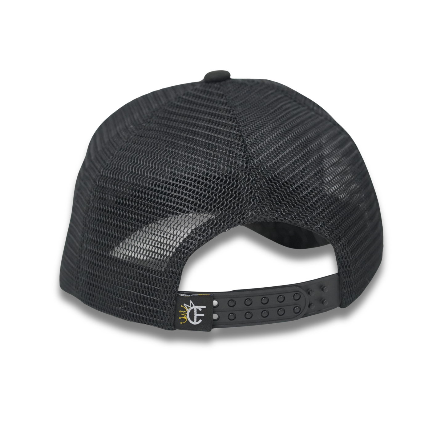 Mesh back view with double snapback and Cotton Faith logo on the Mustard Faith suede hat