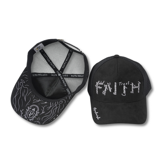 Mustard Faith suede hats—one standing upright showcasing white embroidered faith-based words and “Mustard” script on the brim, the other flipped to reveal the custom underbrim artwork and branded interior taping.