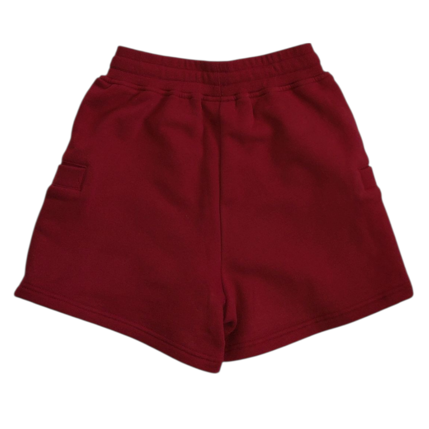 Back side of maroon believer shorts