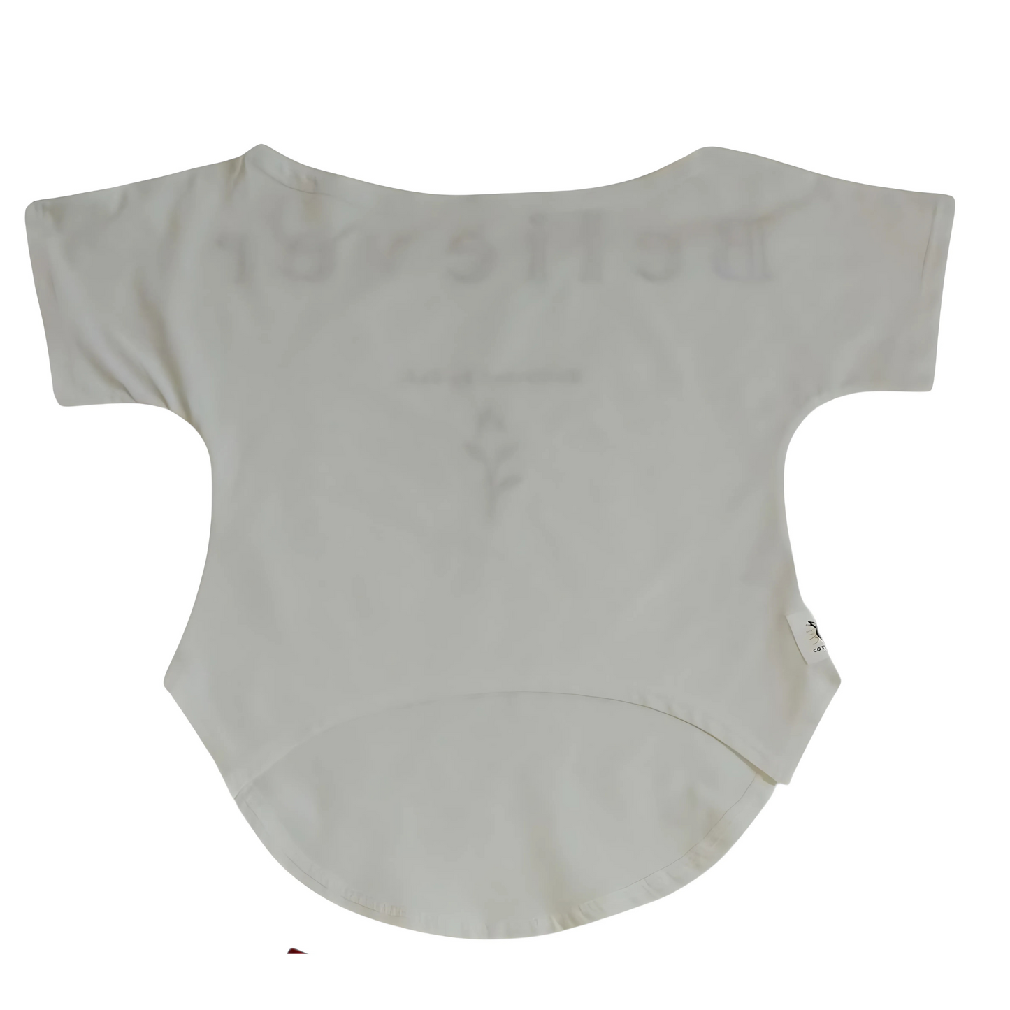 White Believer shirt front with curve belly button cut.