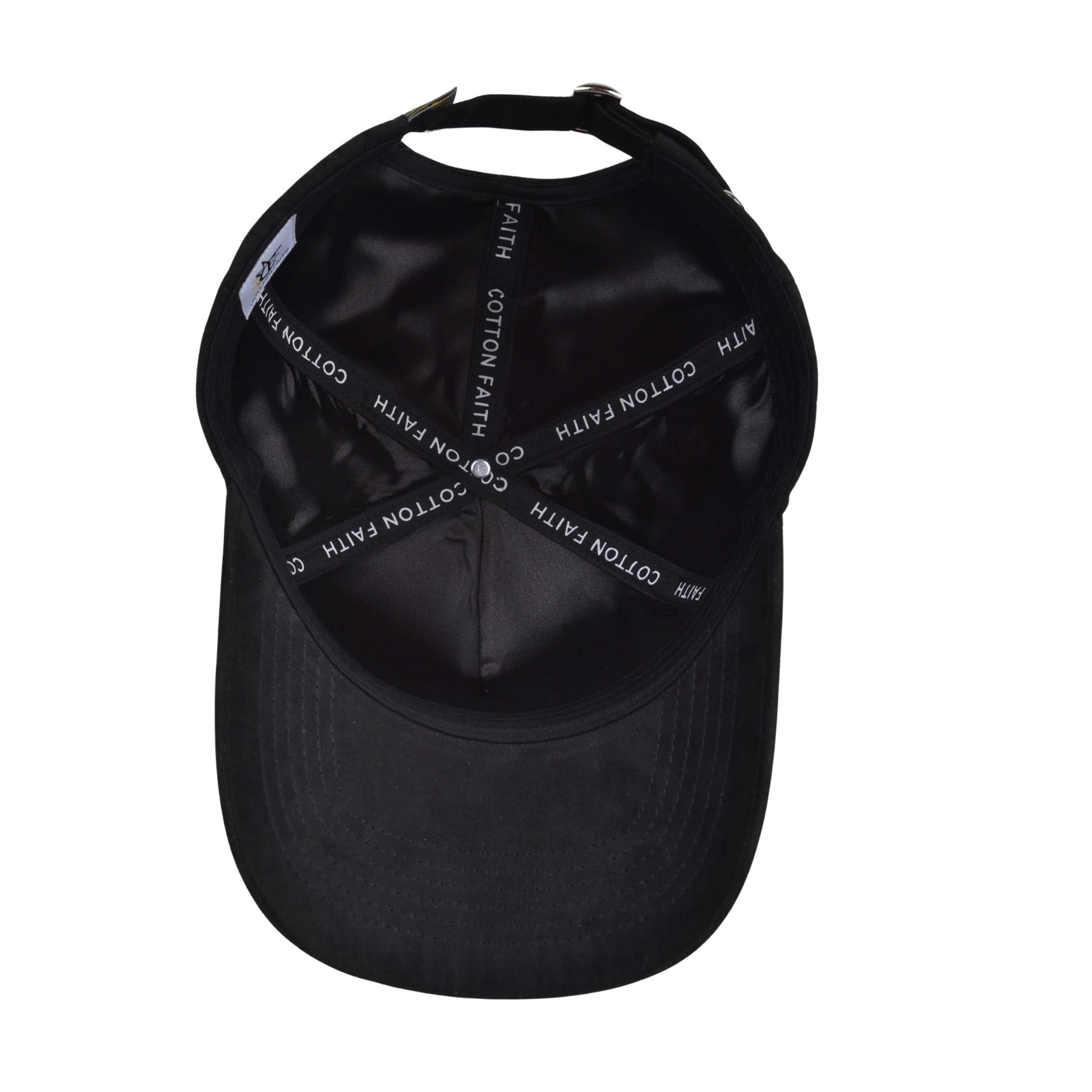 Interior view of black hat showing Cotton Faith" branded taping across satin lining.
