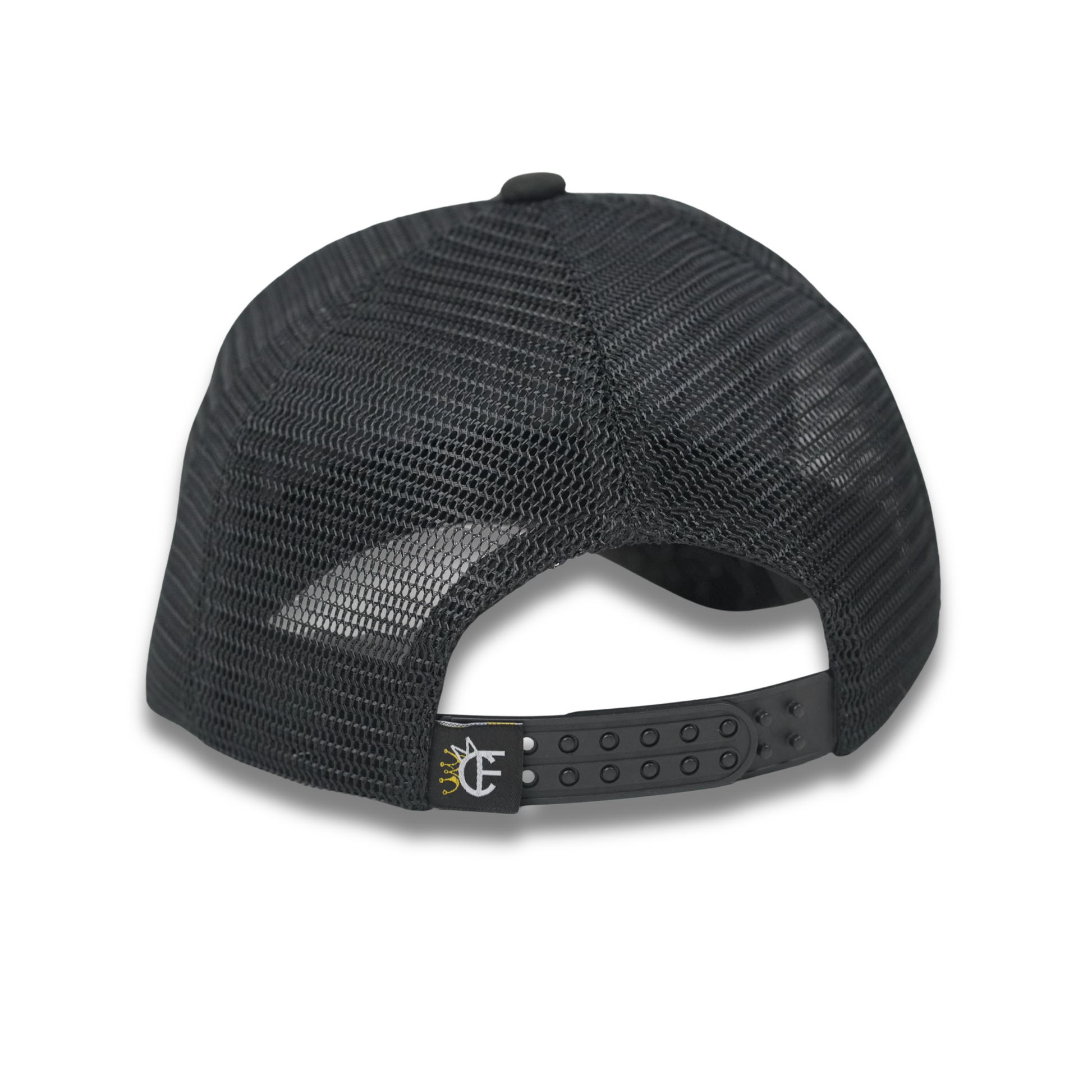 Mesh back view with double snapback and Cotton Faith logo on the Mustard Faith suede hat