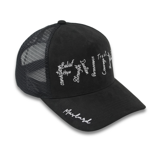 Side view of the Mustard Faith suede  hat featuring embroidered faith-based words like Belief, Strength, and Trust, with mesh paneling and "Mustard" stitched on the brim.