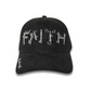 Mustard Faith suede hat featuring vertical white embroidered words like Conviction, Belief, Trust, and Grace across the front that spell FAITH, with 'Mustard' stitched on the brim.