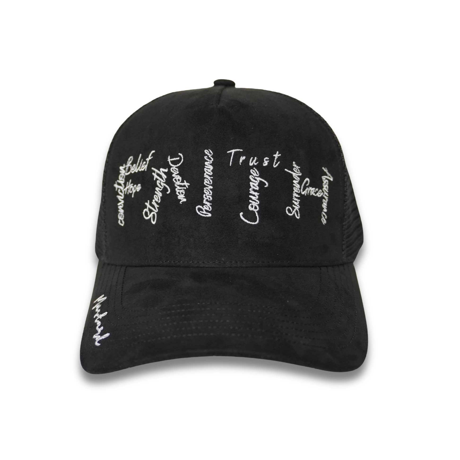 Mustard Faith suede hat featuring vertical white embroidered words like Conviction, Belief, Trust, and Grace across the front that spell FAITH, with 'Mustard' stitched on the brim.